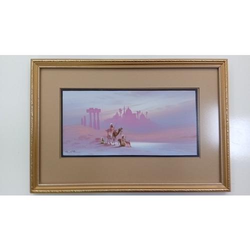 104 - A group of two framed original gouache paintings by Frank Holmes depicting stylised Arabic desert sc... 