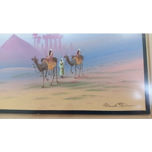104 - A group of two framed original gouache paintings by Frank Holmes depicting stylised Arabic desert sc... 