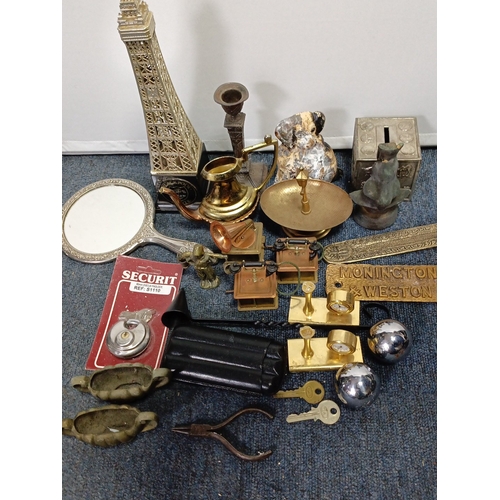 86 - A mixed lot of decorative and utilitarian objects, including a Blackpool tower model, brass and copp... 