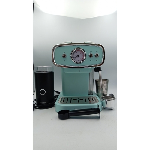 93 - SilverCrest espresso machine, model SEM 1050 A1, in aqua with chrome trim and dial temperature gauge... 