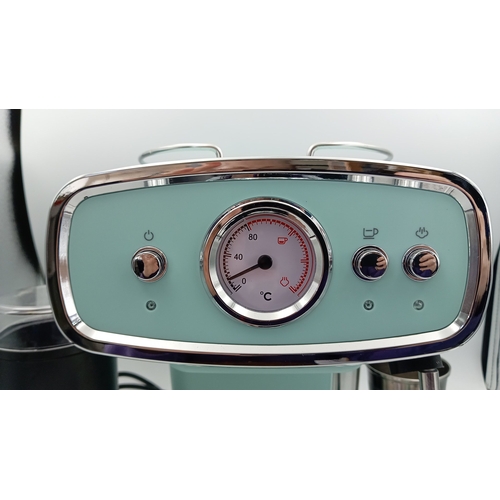 93 - SilverCrest espresso machine, model SEM 1050 A1, in aqua with chrome trim and dial temperature gauge... 