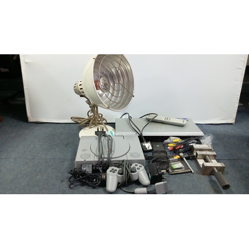 94 - A mixed lot of vintage electronics and workshop equipment including a Sony PlayStation console with ... 