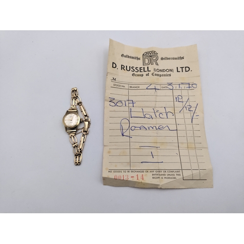 379 - A gold Roamer Incabloc 17 ladies wrist watch with original receipt watch case stamped .585/14 CT gol... 