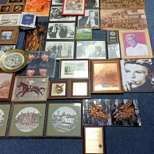 108 - A quantity of framed prints and photographs, including aviation subjects, film and popular-music ima... 