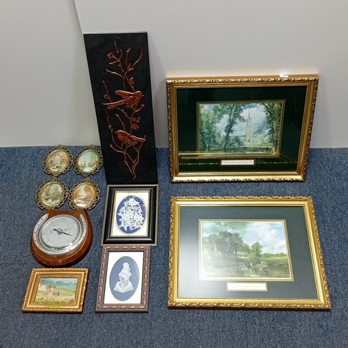 109 - A collection of framed decorative prints and needlework, including two gilt-framed landscape prints ... 