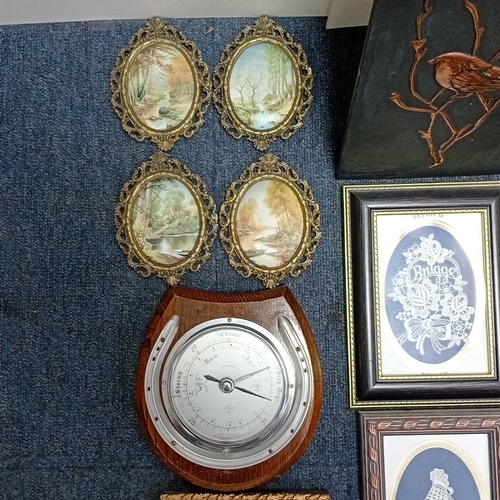 109 - A collection of framed decorative prints and needlework, including two gilt-framed landscape prints ... 