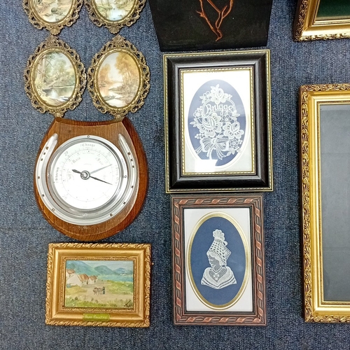 109 - A collection of framed decorative prints and needlework, including two gilt-framed landscape prints ... 