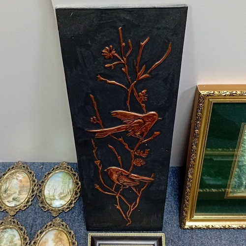 109 - A collection of framed decorative prints and needlework, including two gilt-framed landscape prints ... 
