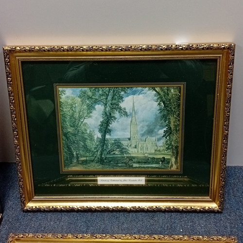 109 - A collection of framed decorative prints and needlework, including two gilt-framed landscape prints ... 