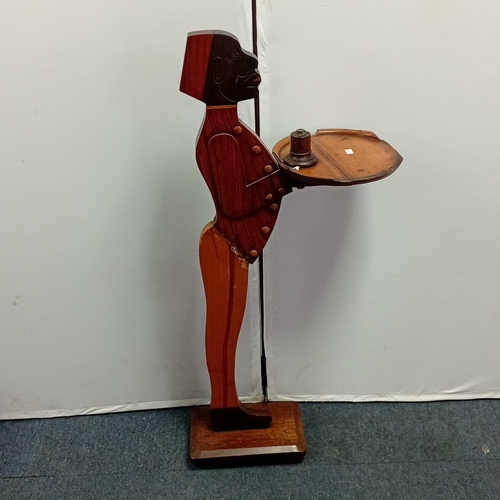 110 - 20th century inlaid wood figural side table in the form of a waiter, with carved polychrome head, bu... 