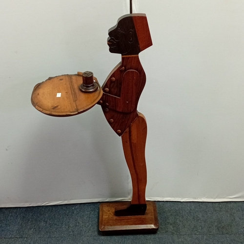 110 - 20th century inlaid wood figural side table in the form of a waiter, with carved polychrome head, bu... 