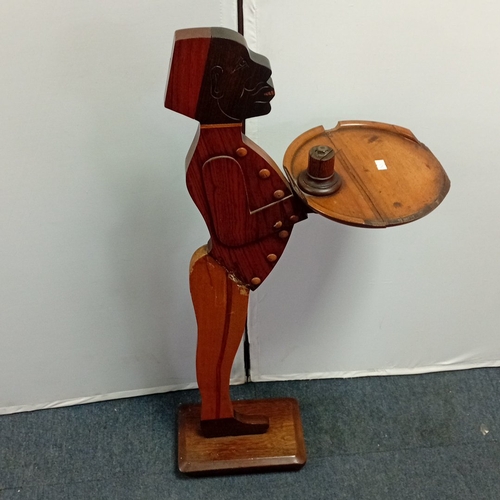 110 - 20th century inlaid wood figural side table in the form of a waiter, with carved polychrome head, bu... 