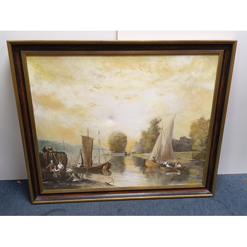 111 - P. J. R. Ward — oil on canvas, river landscape with moored sailing craft and figures along a quay; s... 