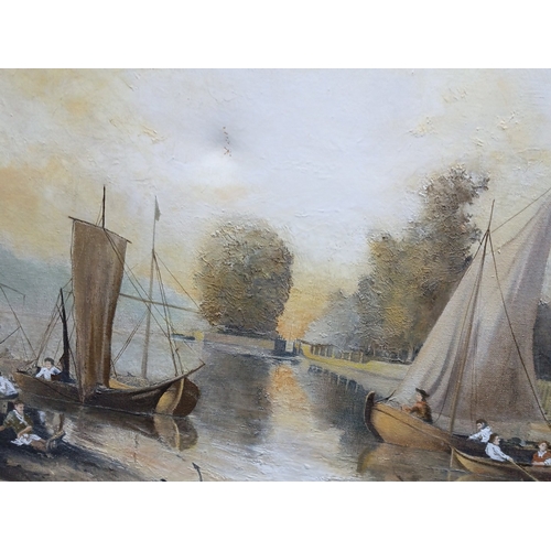 111 - P. J. R. Ward — oil on canvas, river landscape with moored sailing craft and figures along a quay; s... 