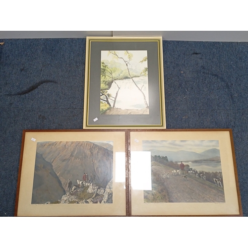 113 - A group of framed works on paper comprising a watercolour landscape with river and overhanging branc... 