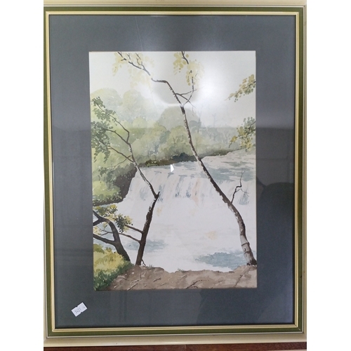 113 - A group of framed works on paper comprising a watercolour landscape with river and overhanging branc... 