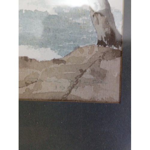 113 - A group of framed works on paper comprising a watercolour landscape with river and overhanging branc... 