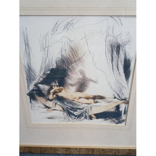 117 - Figural lithograph with hand-colouring—reclining nude on a chaise longue within an abstracted interi... 