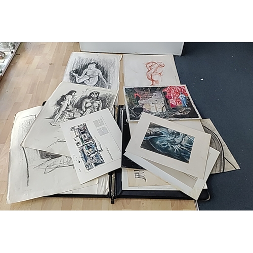 118 - A group of mixed media artworks on paper, including charcoal and sanguine nude studies, a figurative... 