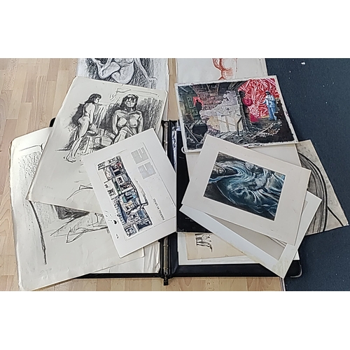 118 - A group of mixed media artworks on paper, including charcoal and sanguine nude studies, a figurative... 