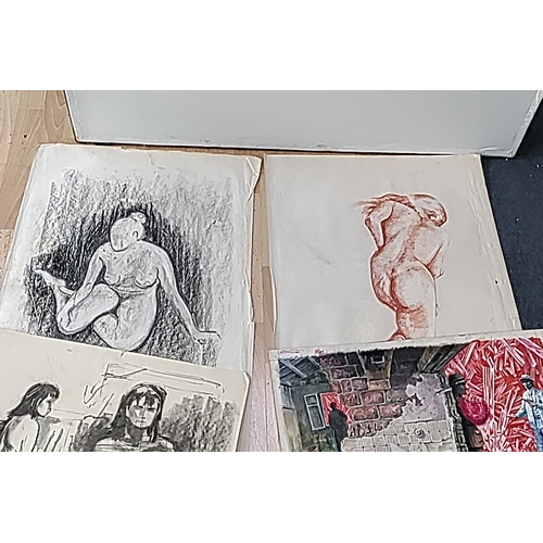 118 - A group of mixed media artworks on paper, including charcoal and sanguine nude studies, a figurative... 
