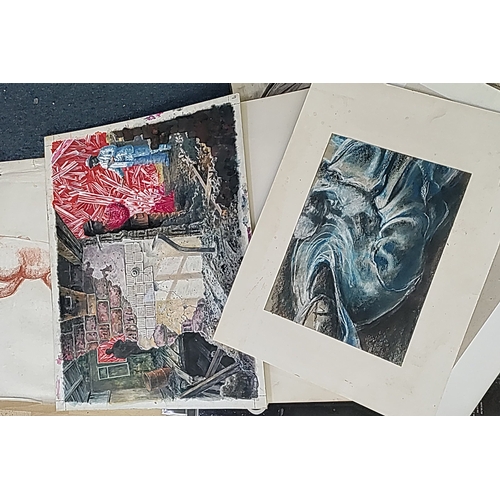 118 - A group of mixed media artworks on paper, including charcoal and sanguine nude studies, a figurative... 