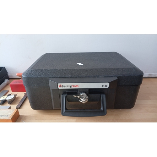 1 - A group of workshop instruments and accessories, including a SentrySafe 1100 lockbox with keys, Merc... 