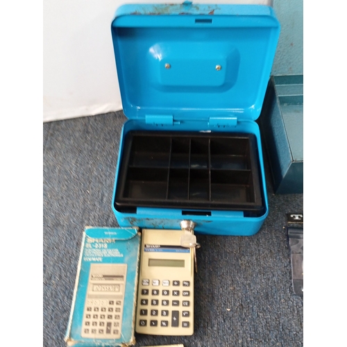 2 - A group of mid-20th century cash-handling accessories comprising three painted-metal lockable cash b... 