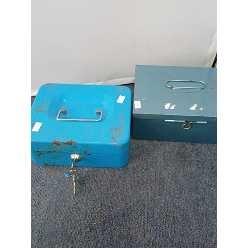 2 - A group of mid-20th century cash-handling accessories comprising three painted-metal lockable cash b... 