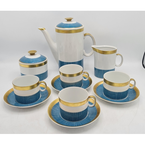 3 - A vintage Jaroina/Karolina Art Deco style Coffee Set for 4. Displays a stylish striped cyan blue and... 