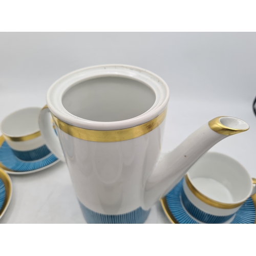 3 - A vintage Jaroina/Karolina Art Deco style Coffee Set for 4. Displays a stylish striped cyan blue and... 