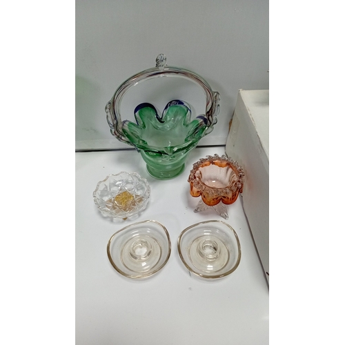 6 - An assortment of decorative glass and stained-glass work, comprising emerald and cobalt vases, a gre... 