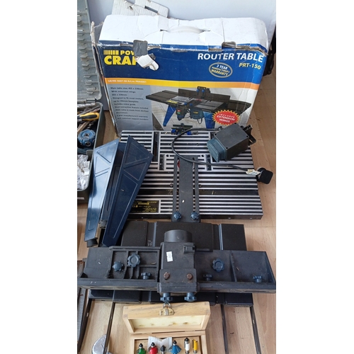 3 - A quantity of workshop tools and accessories including a Power Craft PRT-150 router table needs a mo... 