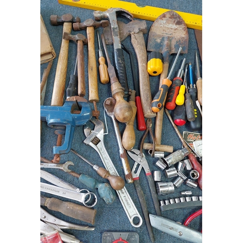 13 - An assortment of workshop tools and hardware, including a Stanley bench plane, hand saw, spirit leve... 
