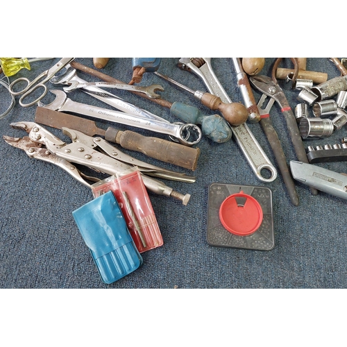 13 - An assortment of workshop tools and hardware, including a Stanley bench plane, hand saw, spirit leve... 