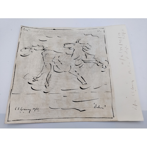 A original ink on paper drawing signed "L.S. Lowry" depicting a galloping horse dated 1951. Height 10 inches x Width 11 inches.