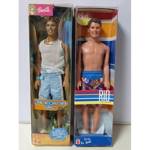 Two Mattel Barbie-branded Ken dolls, comprising “California Girl” and “Rio de Janeiro”, each boxed, the figures with rooted hair and painted features, dressed in beachwear; printed cardboard packaging with clear plastic viewing windows.