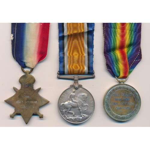 4 - First World War 1914 Star trio to 7380 Pte (Private) Thomas Humphries, with copied MIC. Somerset Lig... 