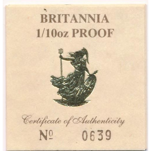 196 - 1988 £10 Britannia gold proof, in box of issue with certificate number 0639, issued by The Royal Min... 