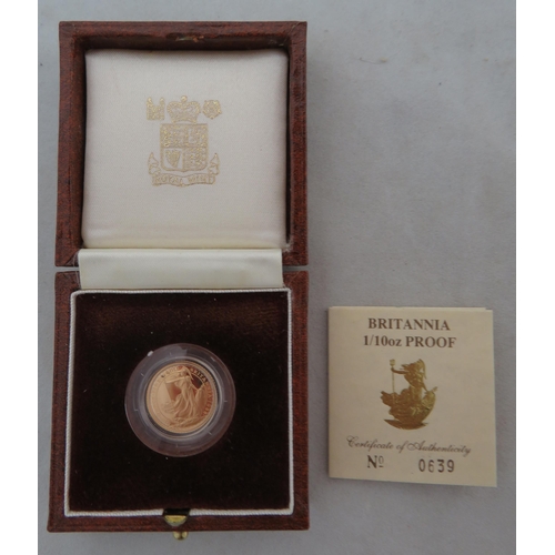 196 - 1988 £10 Britannia gold proof, in box of issue with certificate number 0639, issued by The Royal Min... 