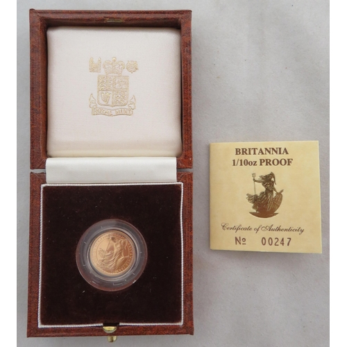 195 - 1987 £10 Britannia gold proof, in box of issue with certificate number 00247, issued by The Royal Mi... 