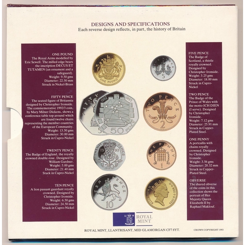 220 - 1993 UK uncirculated set of eight coins, with Dual Date EEC Presidency 50p, in slip case with insert... 