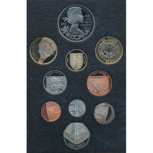 236 - 2012 UK proof set of ten coins by The Royal Mint, black book edition with box, aFDC with some light ... 