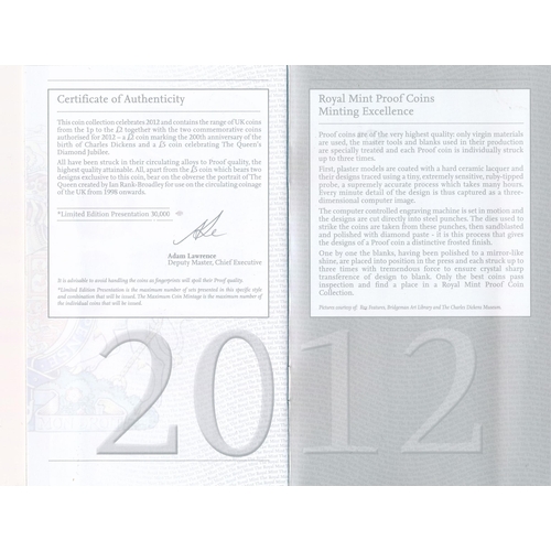 236 - 2012 UK proof set of ten coins by The Royal Mint, black book edition with box, aFDC with some light ... 