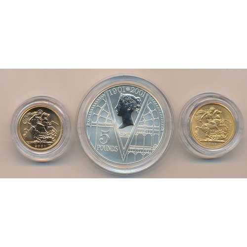 177 - 1901 - 2001 Victorian Centenary collection, set of 3 by The Royal Mint, with 1901 sovereign fine, 20... 