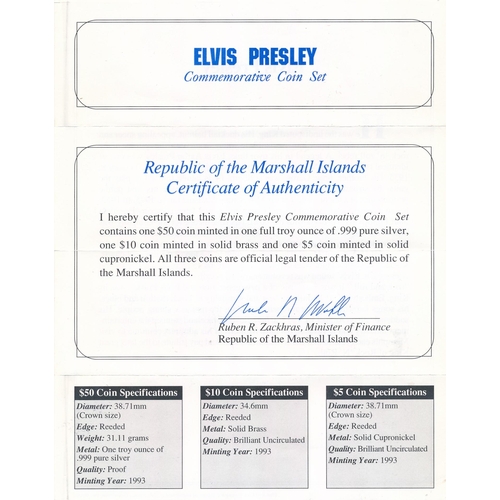 329 - Marshall Islands - 1993 Elvis Presley commemorative three coin set with $50 one ounce silver proof F... 