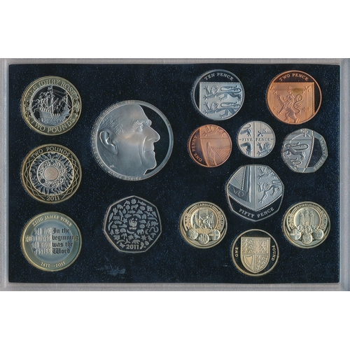 234 - 2011 UK deluxe proof cased set of fourteen coins FDC, black leather edition, including booklet, some... 