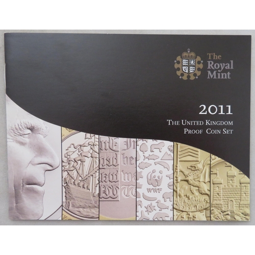 234 - 2011 UK deluxe proof cased set of fourteen coins FDC, black leather edition, including booklet, some... 