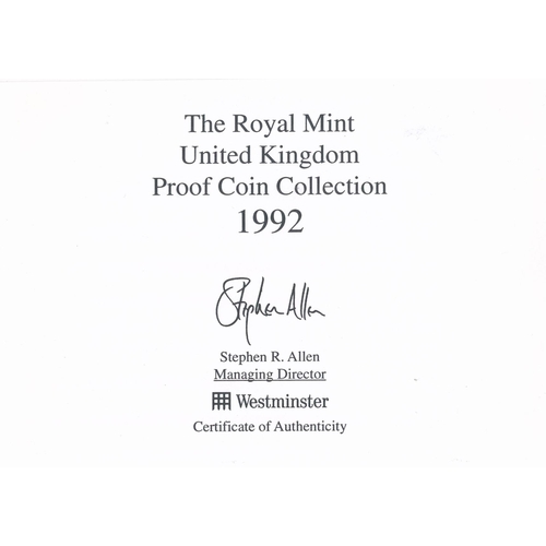 215 - 1992 UK proof cased set of nine coins FDC, issued by The Royal Mint, in blue case with certificate, ... 