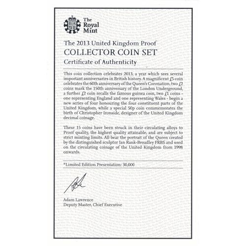 240 - 2013 UK Proof Coin Set Collector Edition (black book) FDC, issued by The Royal Mint, with certificat... 